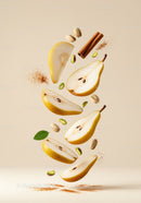 Floating sliced pears with cinnamon and pistachios