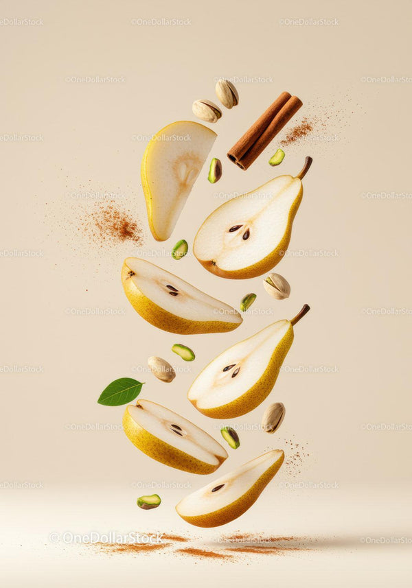 Floating sliced pears with cinnamon and pistachios