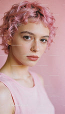 Young woman with short curly pink hair and soft gaze