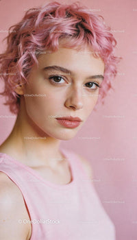 Young woman with short curly pink hair and soft gaze