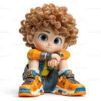 Cute Cartoon Boy with Blue Eyes and Curly Blonde Hair Sitting