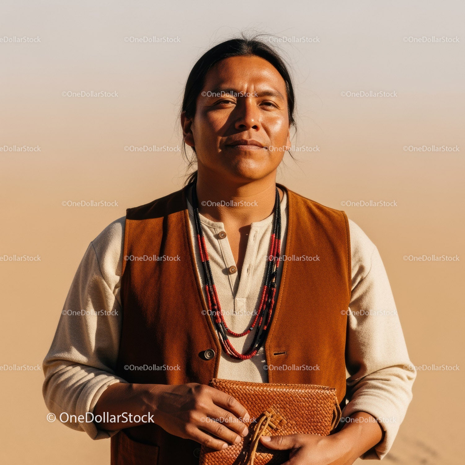 Portrait of Indigenous Woman Wearing Traditional Clothing in Desert Landscape