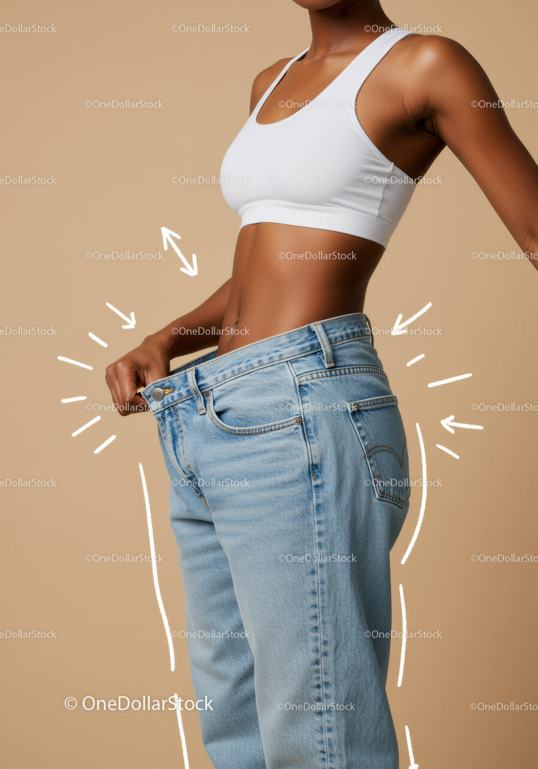 Slim Woman in White Crop Top and Blue Jeans Demonstrating Body Positivity