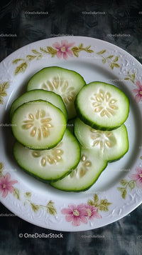 Fresh Sliced Cucumber on Floral Plate for Healthy Eating