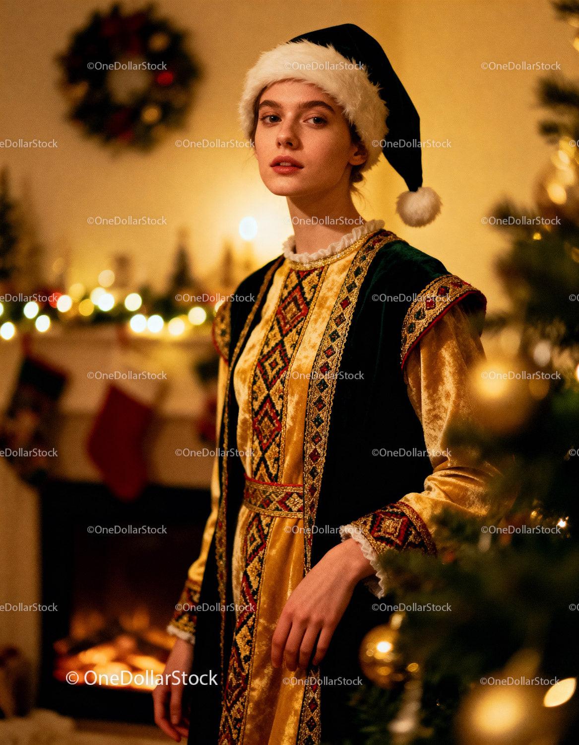 Young woman in festive costume and Santa hat indoors