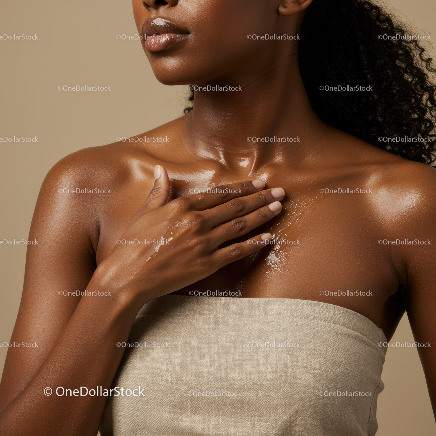 Elegant Black Woman Touching Her Chest in a Calm Wellness Moment