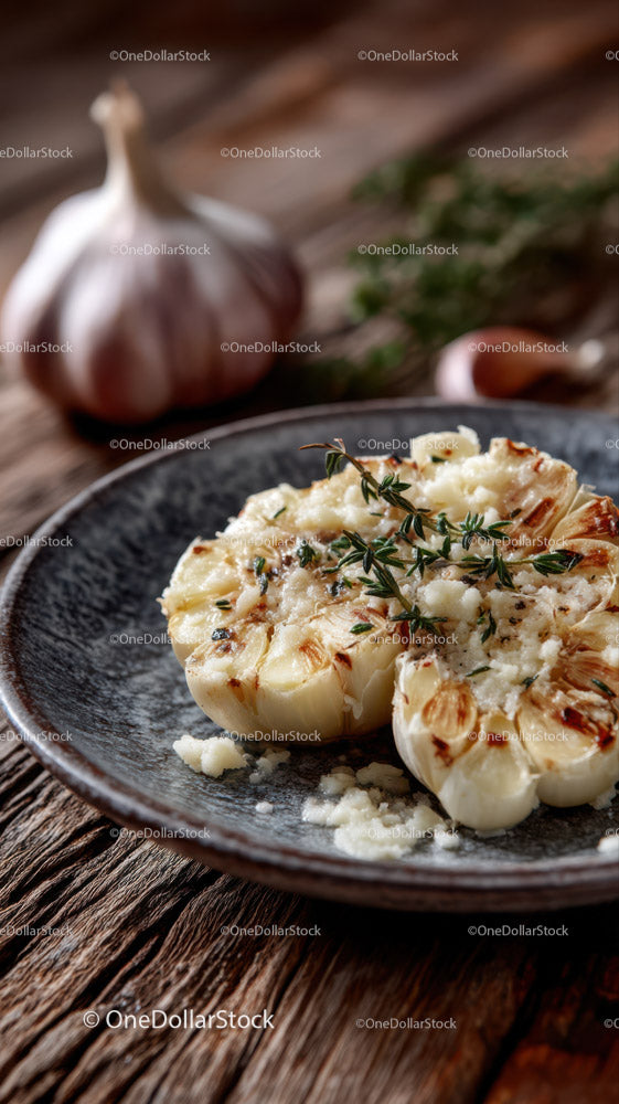 Roasted Garlic with Thyme on Rustic Wooden Table for Gourmet Cooking