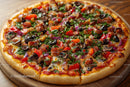 Vegetable and Pepperoni Topped Pizza with Cheesy Crust