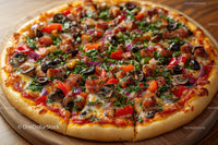 Vegetable and Pepperoni Topped Pizza with Cheesy Crust