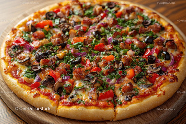 Vegetable and Pepperoni Topped Pizza with Cheesy Crust