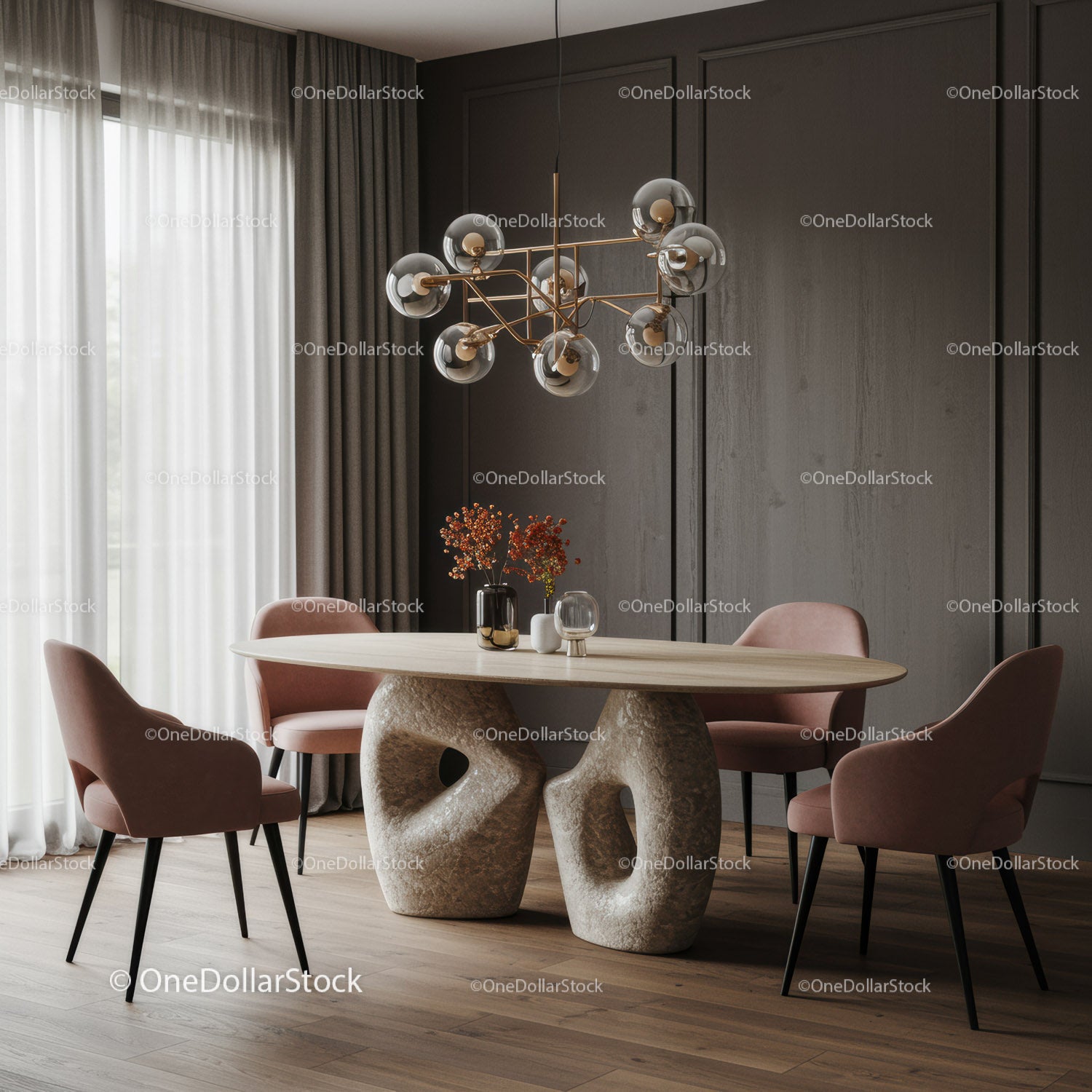 Nowoczesna jadalnia z szykownymi różowymi fotelami i eleganckim żyrandolem