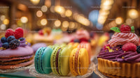Colorful Macarons and Pastries Display in a Bakery Shop