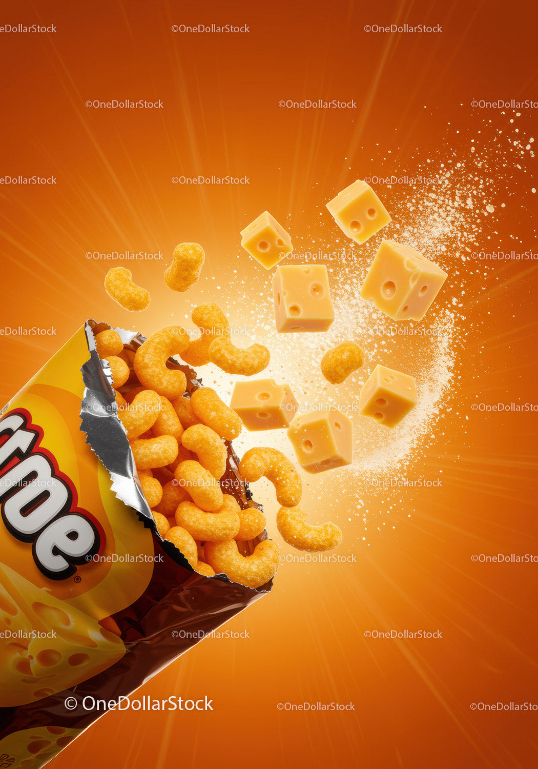 Cheese Curls Snack Pouring Out of Bright Package
