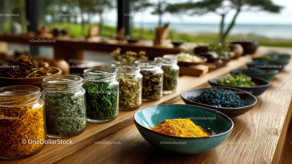 Herb and Spice Display with Glass Jars on Wooden Table
