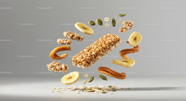 Crispy granola bar with floating dried fruits and seeds