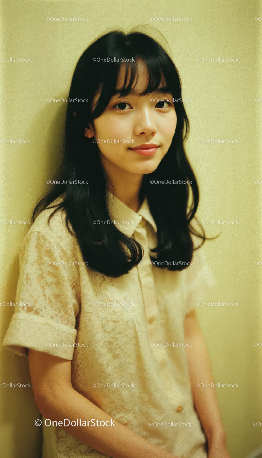 Young Woman in Lace Blouse with Soft Smile Indoor Portrait