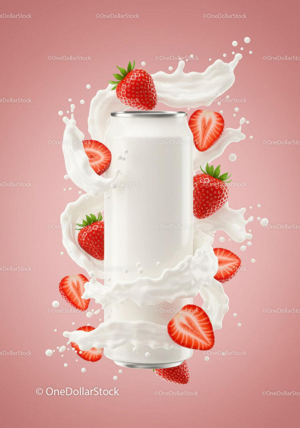 Strawberry smoothie can with fresh cream splash JPG Mockup Image
