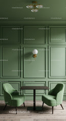 Elegant Green Wall Paneling with Modern Chairs and Lighting Interior