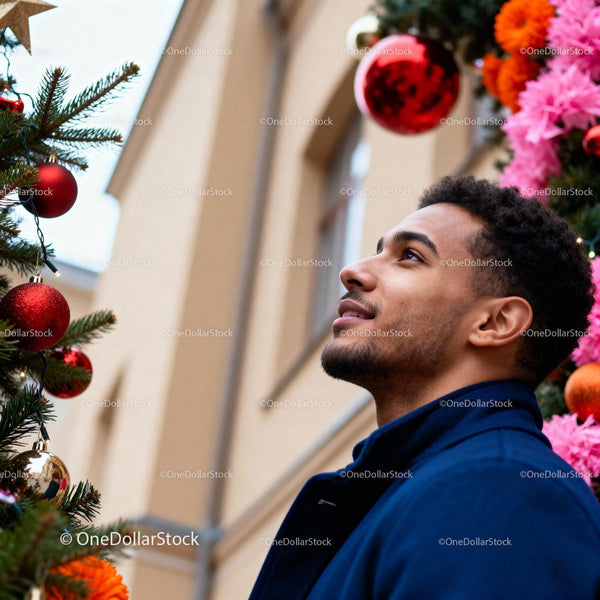 Young man admiring vibrant Christmas decorations outdoors