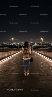 Woman standing on illuminated bridge overlooking city lights