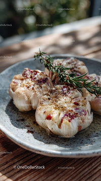 Roasted Garlic Cloves with Rosemary on Rustic Wooden Table