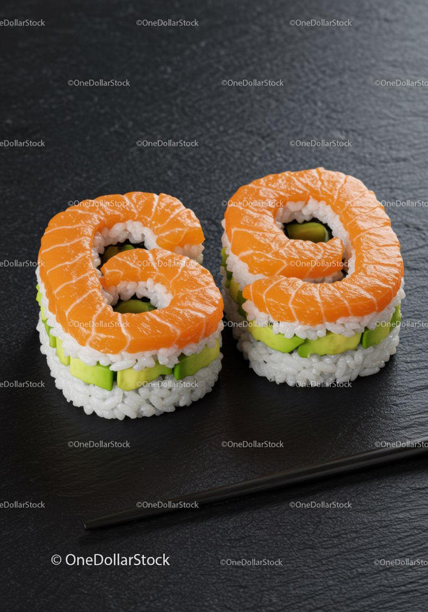 Świeże kawałki sushi z łososia ułożone w kształt liczby sześćdziesiąt dziewięć