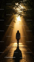 Solitary woman walking through sunlit forest path