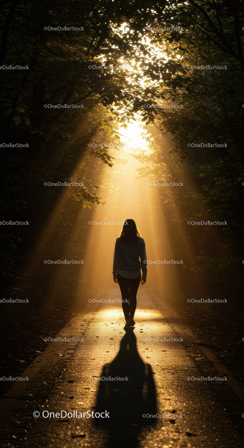 Solitary woman walking through sunlit forest path