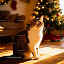Tabby cat basking in warm sunlight near Christmas tree