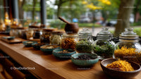 Colorful Herbal Spices and Glass Jars Display in Rustic Kitchen