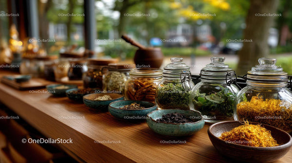 Colorful Herbal Spices and Glass Jars Display in Rustic Kitchen