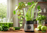 Fresh green smoothie ingredients splashing into blender