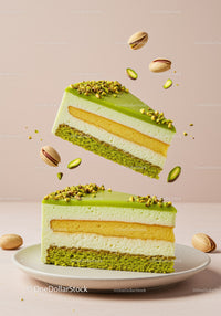 Pistachio Layer Cake Slice with Nuts on Plate