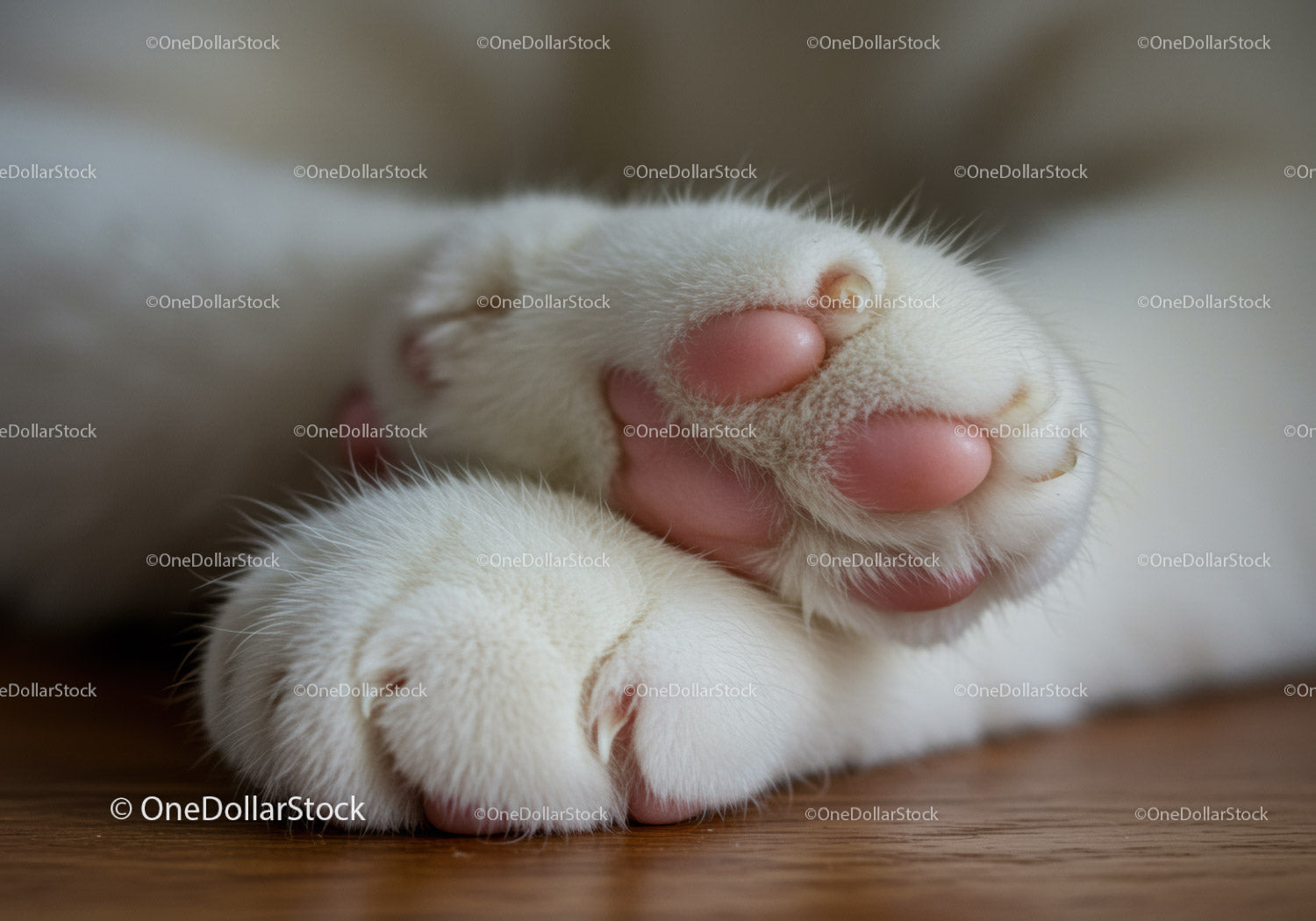 Close up of soft white cat paws with pink pads