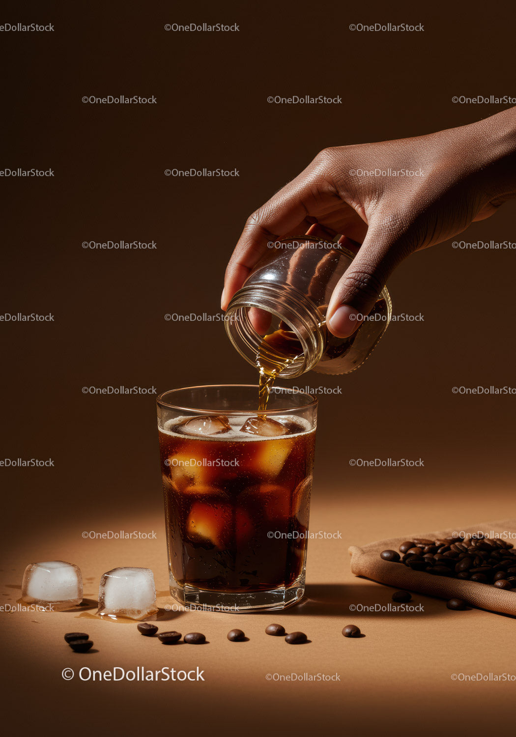 Hand Pouring Coffee Syrup Over Iced Coffee Glass