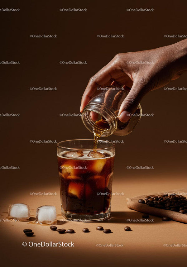 Hand Pouring Coffee Syrup Over Iced Coffee Glass
