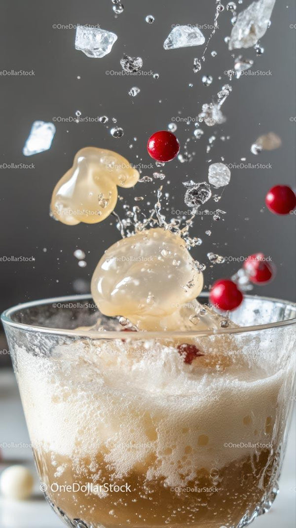 Fizzy Cream Dessert with Red Berries in a Glass Splash