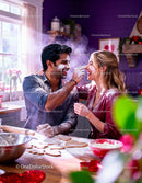 Couple Having Fun Baking Heart Cookies Together