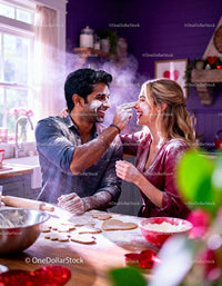 Couple Having Fun Baking Heart Cookies Together