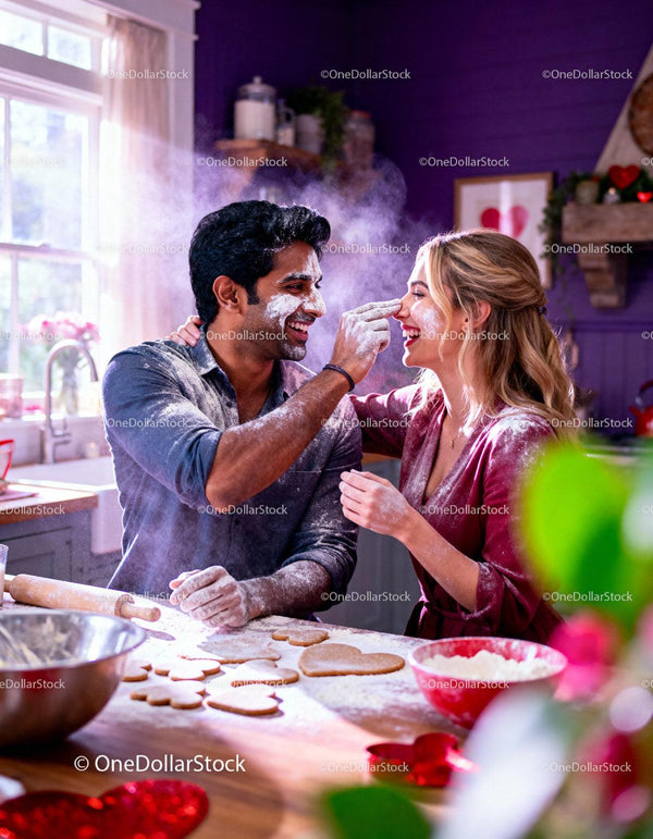 Couple Having Fun Baking Heart Cookies Together