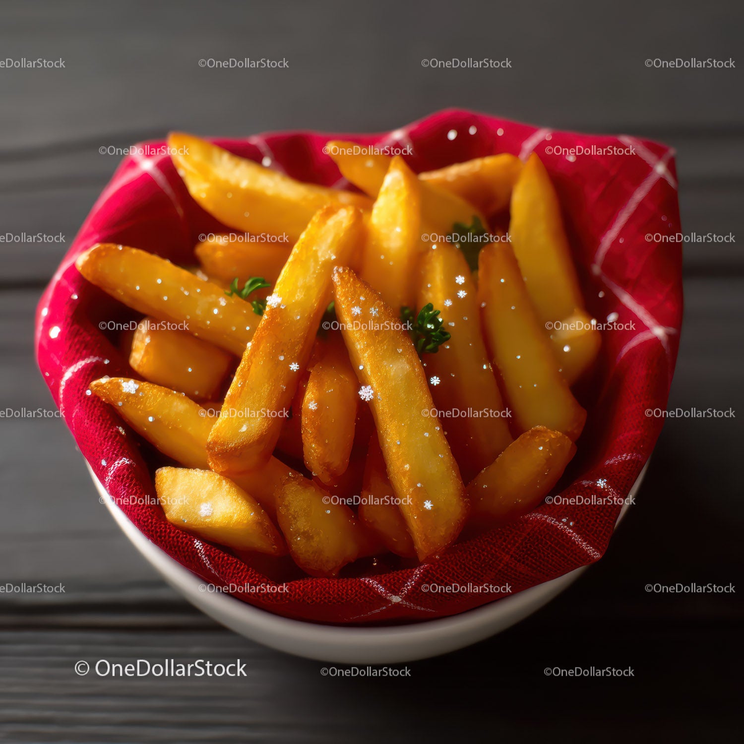 Golden French Fries in Red Basket with Garnish on Dark Table