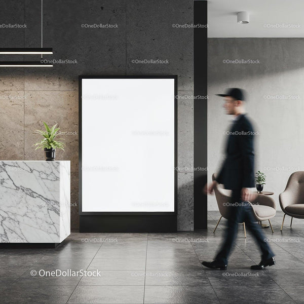 Modern Lobby with Marble Desk and Blank Poster Frame JPG Mockup Image