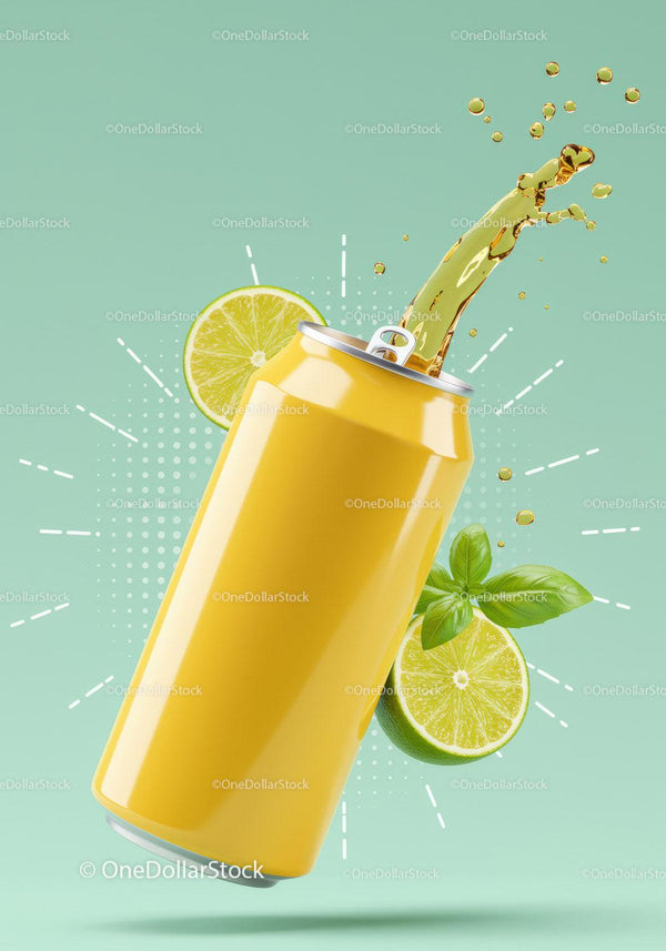 Refreshing Lemon Drink Splash from Bright Yellow Can JPG Mockup Image