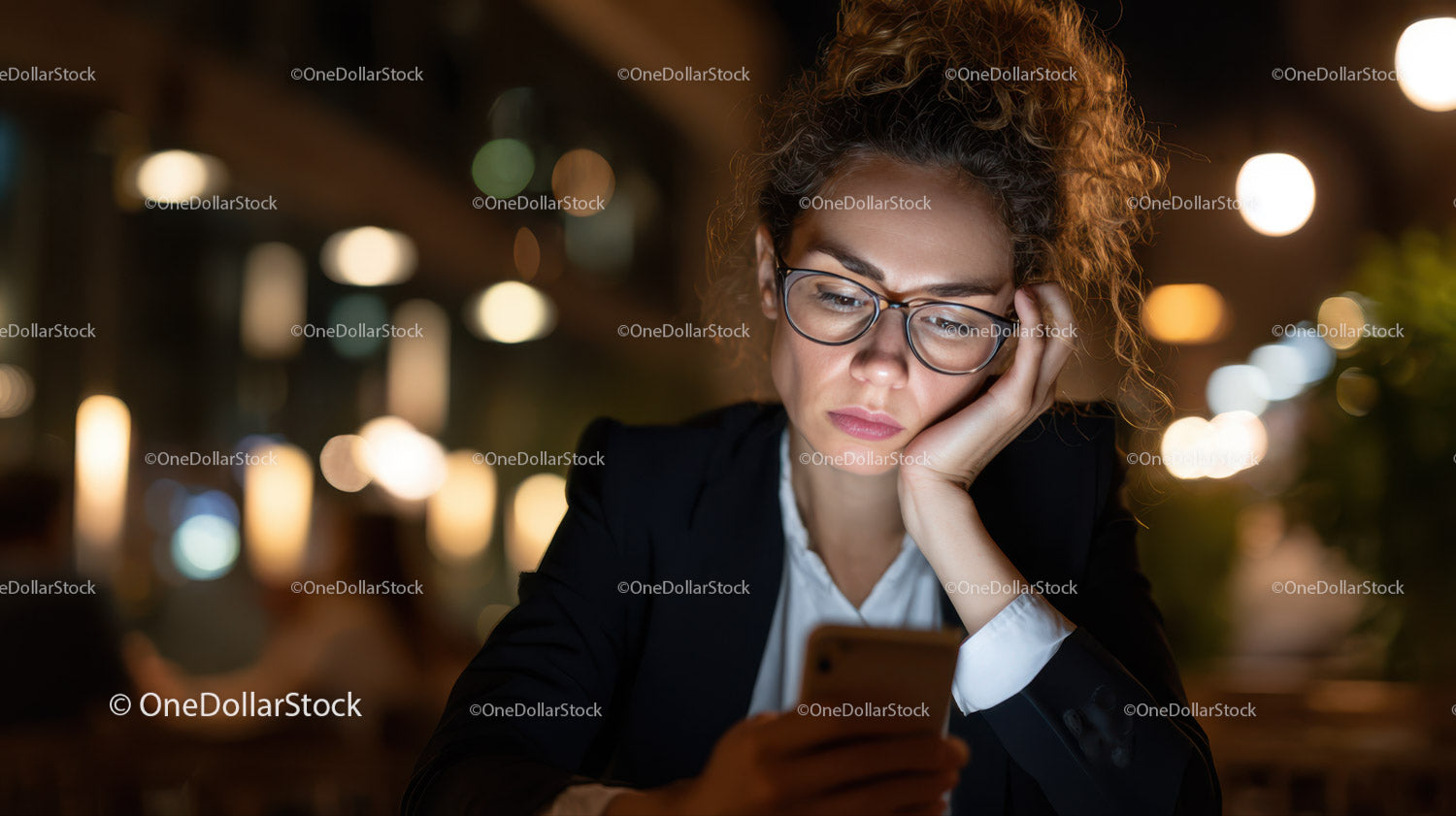 Młoda kobieta korzystająca ze smartfona w nocnym mieście z efektownymi światłami bokeh