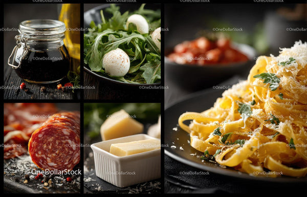 Świeże włoskie składniki: mozzarella, salami i makaron