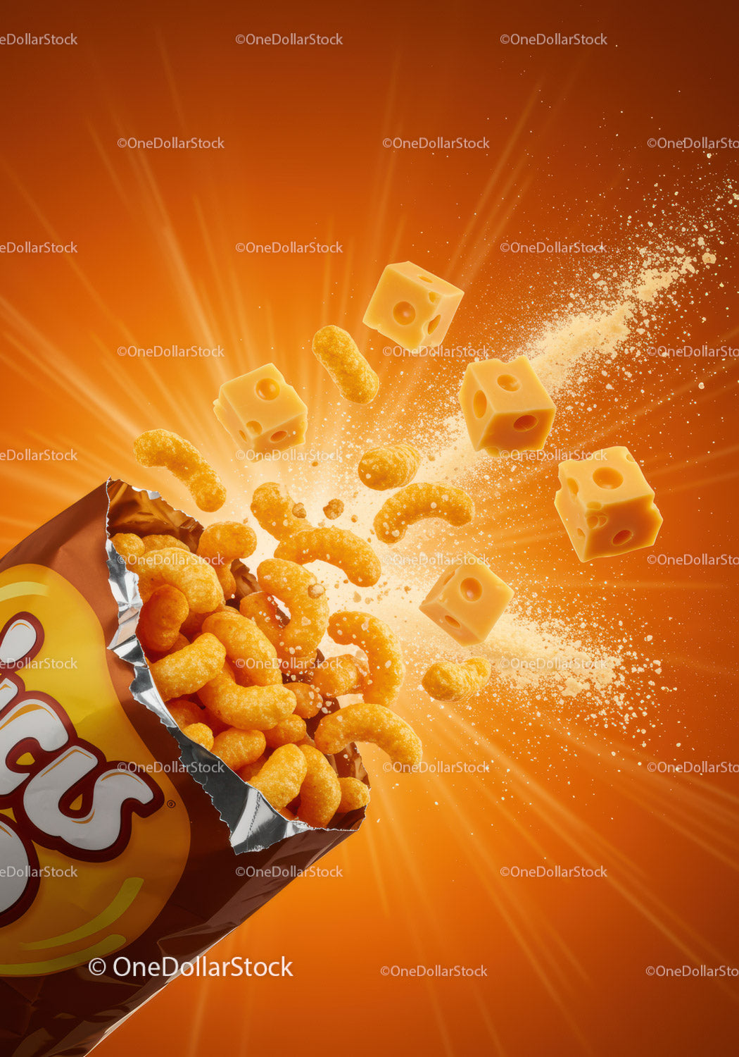Cheese curls bursting out of open snack bag
