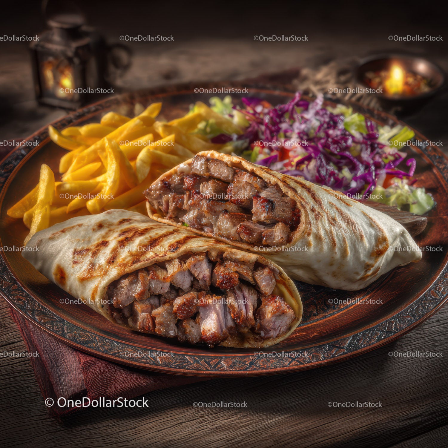 Beef Burritos with Fries and Colorful Cabbage Slaw on Rustic Plate