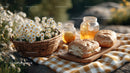 Picnic Setup with Bread Honey and Daisies in Garden