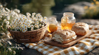 Picnic Setup with Bread Honey and Daisies in Garden