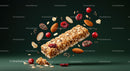 Healthy granola bar with almonds and berries floating